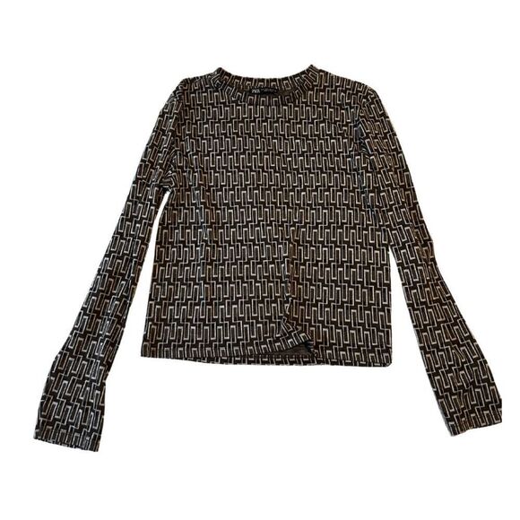 Zara Womens Brown Geometric Crew Neck Knitted Long Sleeve Crop Top Large - Picture 1 of 6